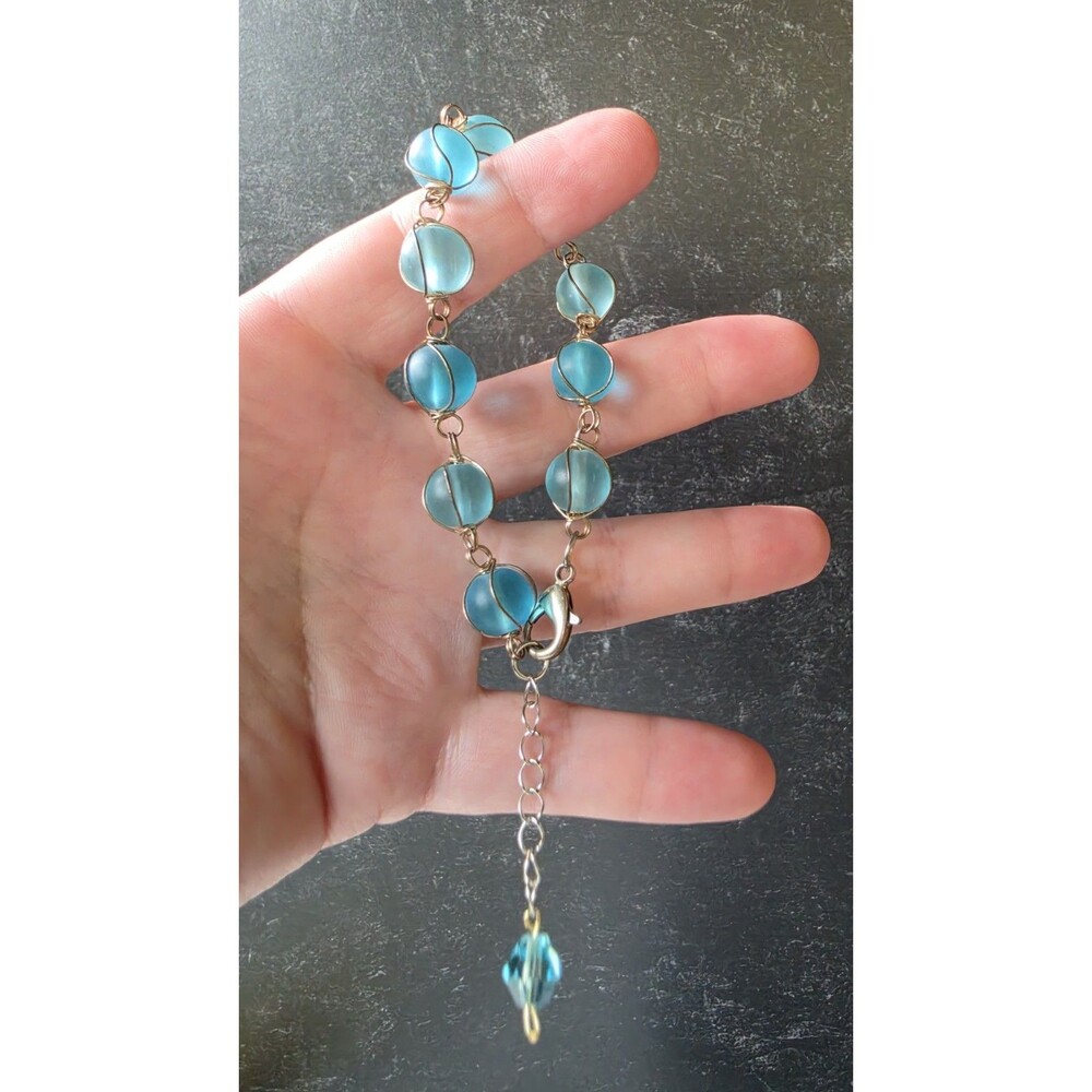 Blue Beaded Silver Tone Metal Adjustable Bracelet Costume Jewelry